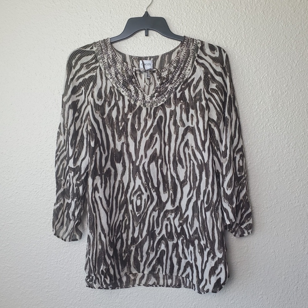 CHICO'S Womens Metallic Silk Blouse 3/4 Sleeve‎ Multicolor Sequins, Size-3 L-usa